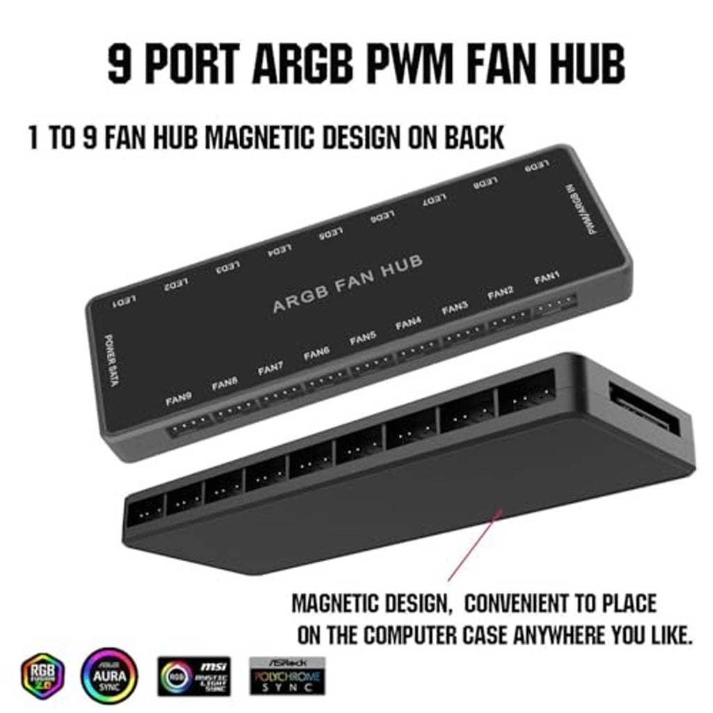 9-port ARGB PWM fan hub with magnetic design on back and front port row