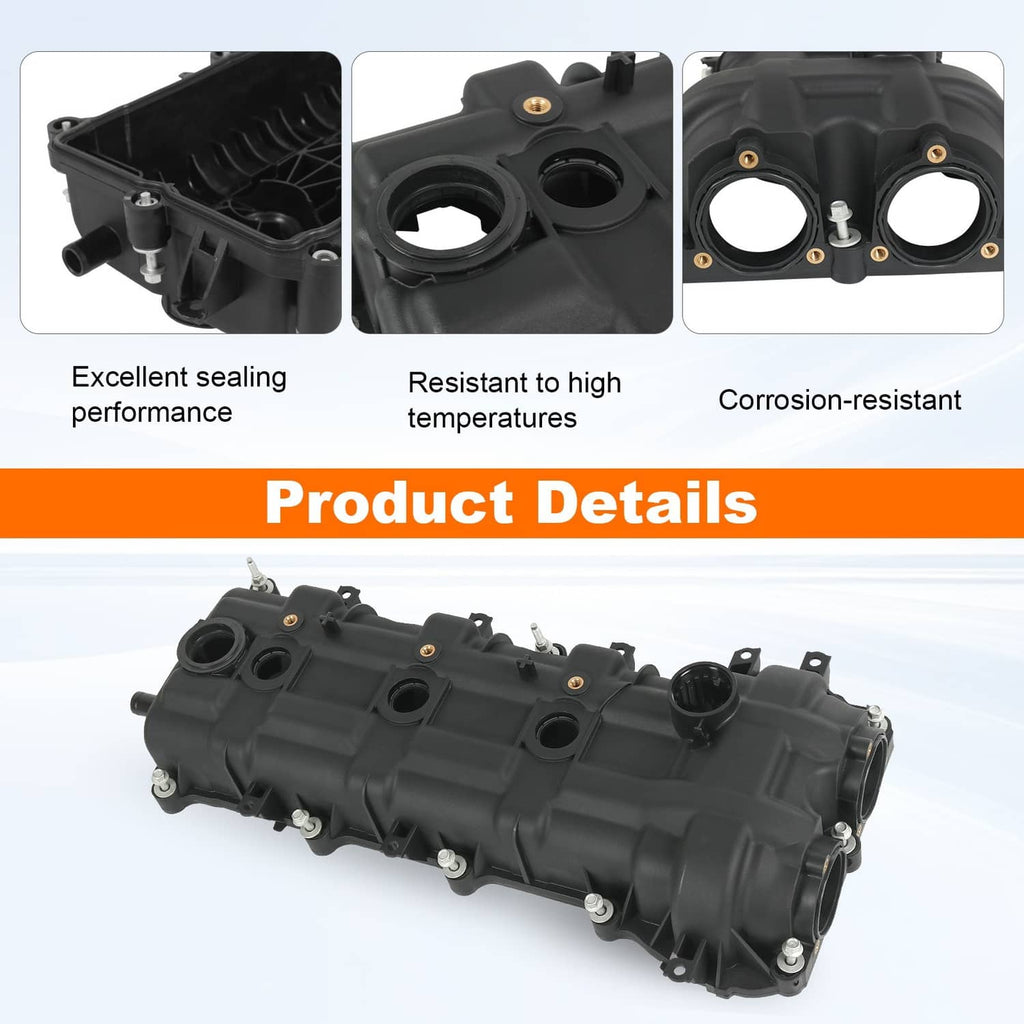 Black valve cover with circular openings and mounting bolts, product details close-up.