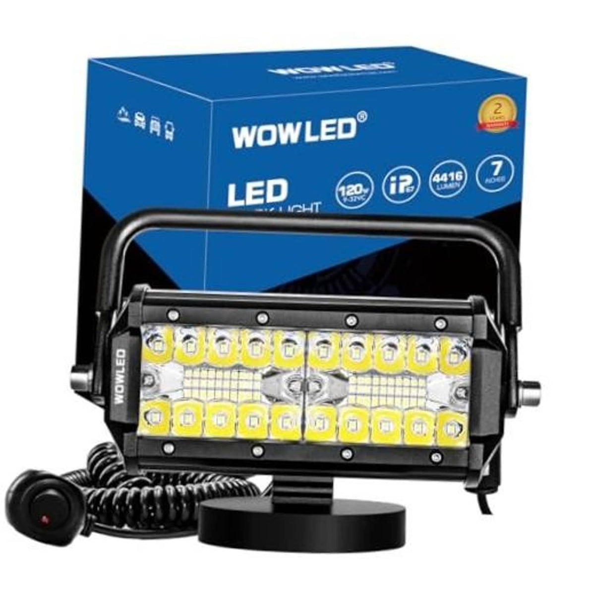 Black magnetic LED work light bar with front LED array, handle, and circular magnetic base