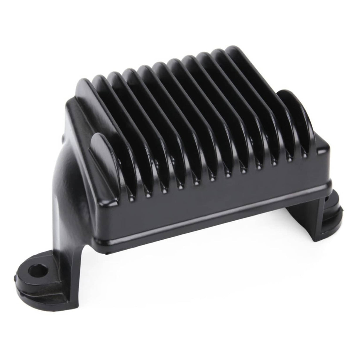 Black voltage regulator rectifier angled side view with molded mounting feet
