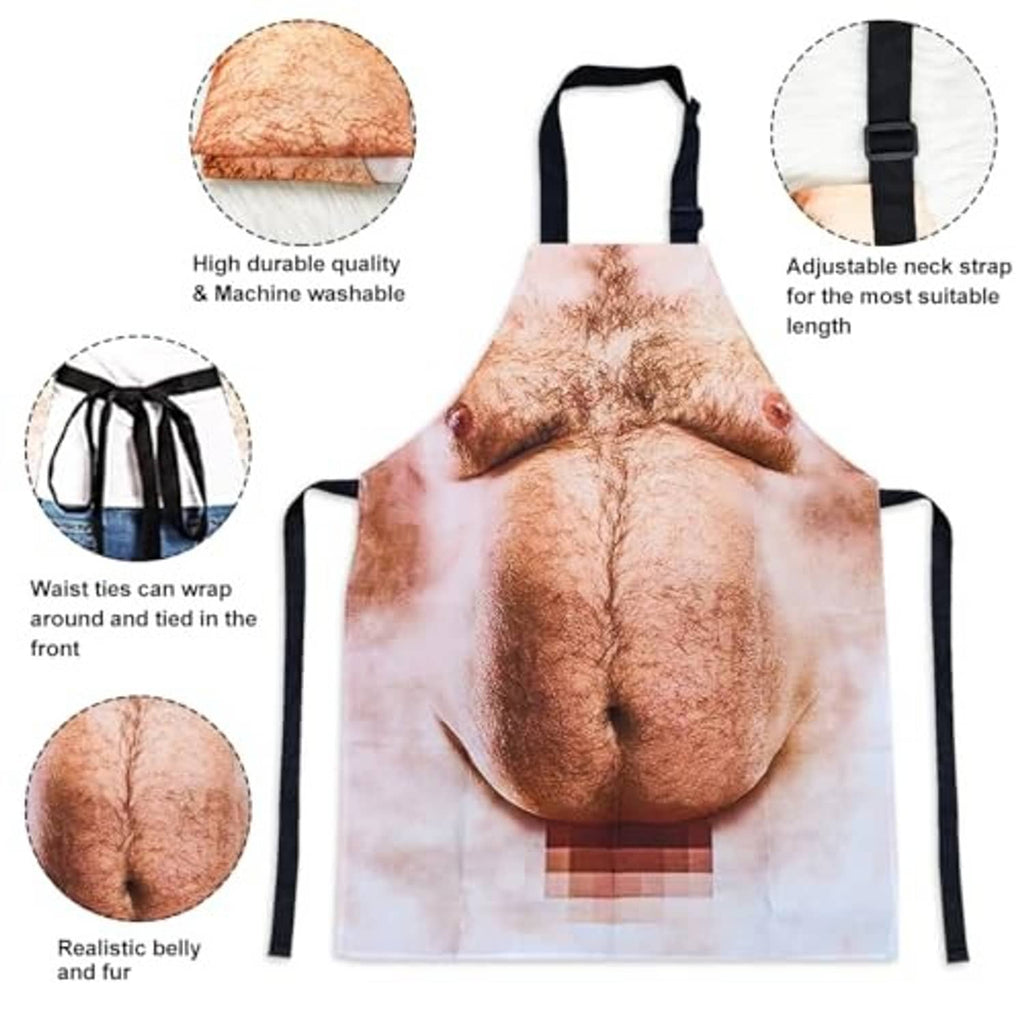 Funny novelty grilling apron with adjustable black straps, printed male torso design