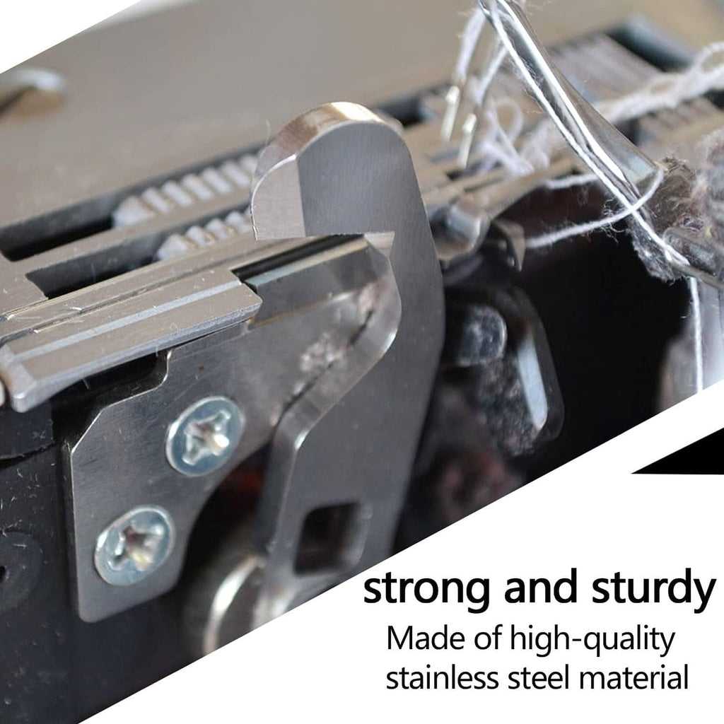Serger knife blade installed in cutter area with visible screws, stainless steel