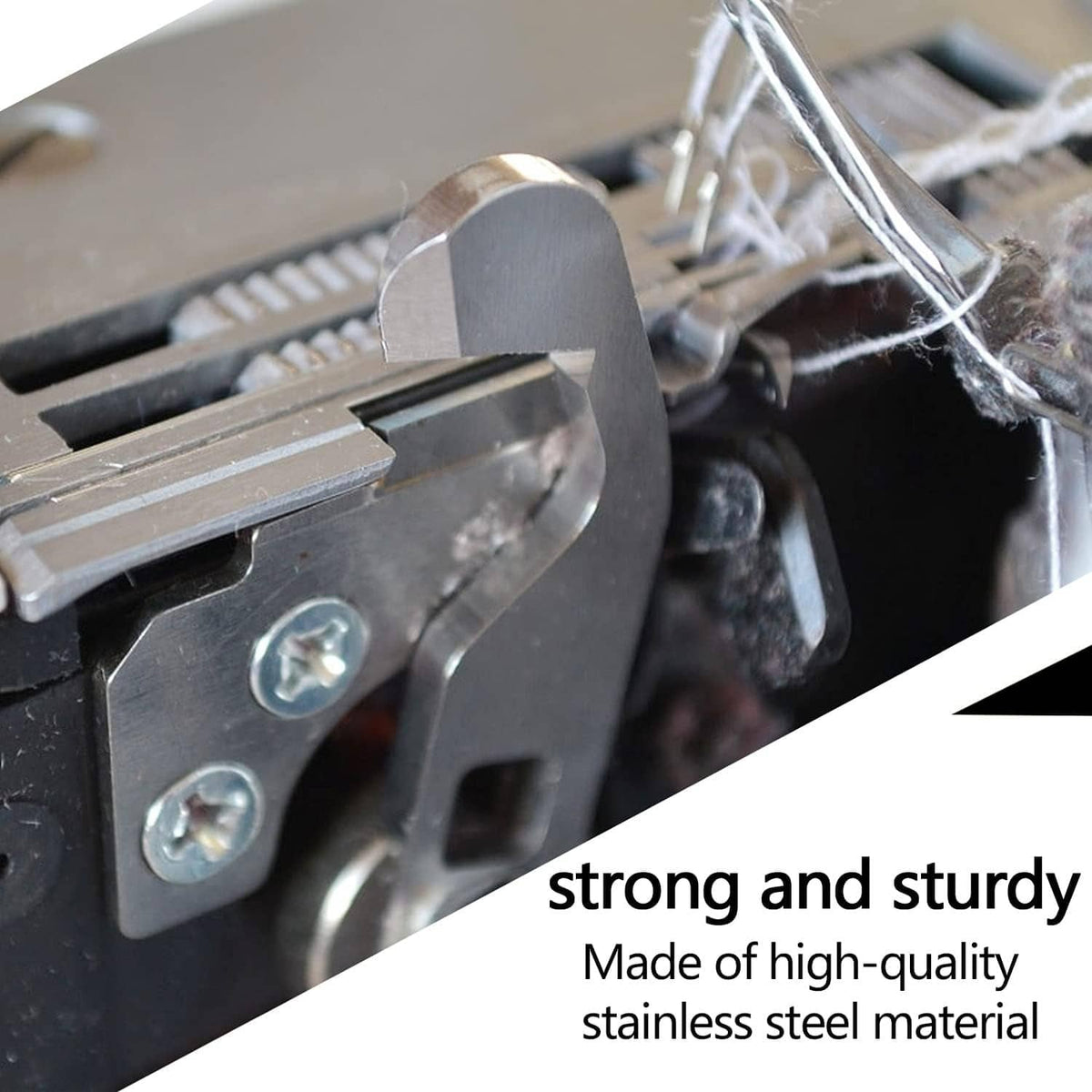 Serger knife blade installed in cutter area with visible screws, stainless steel