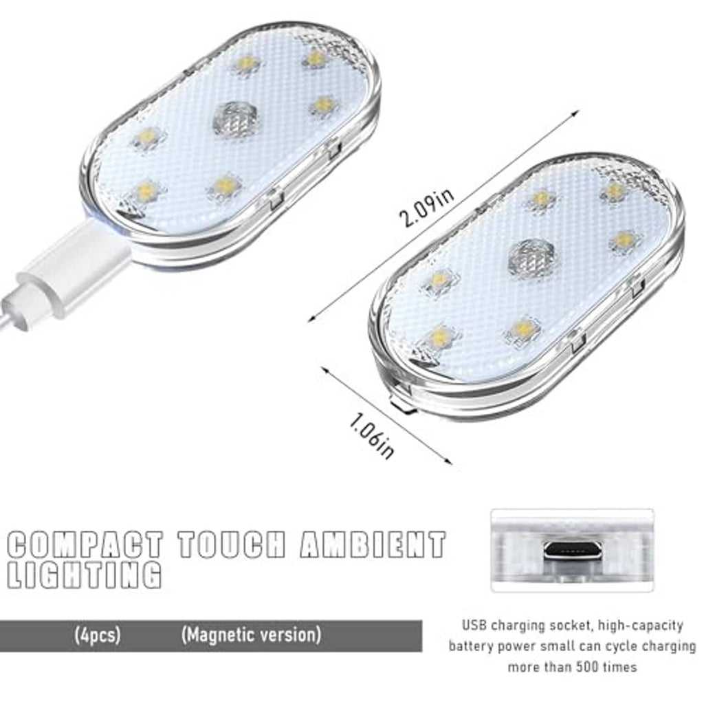 Oval magnetic LED interior light pair with compact touch design and measured dimensions