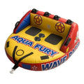 Inflatable towable boat tube for 1–2 riders, red yellow blue with dual grab handles
