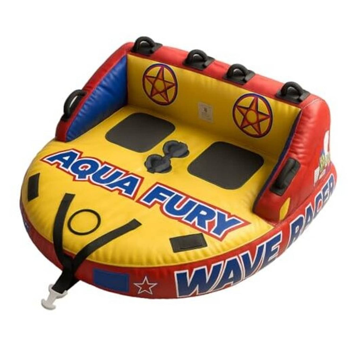 Inflatable towable boat tube for 1–2 riders, red yellow blue with dual grab handles