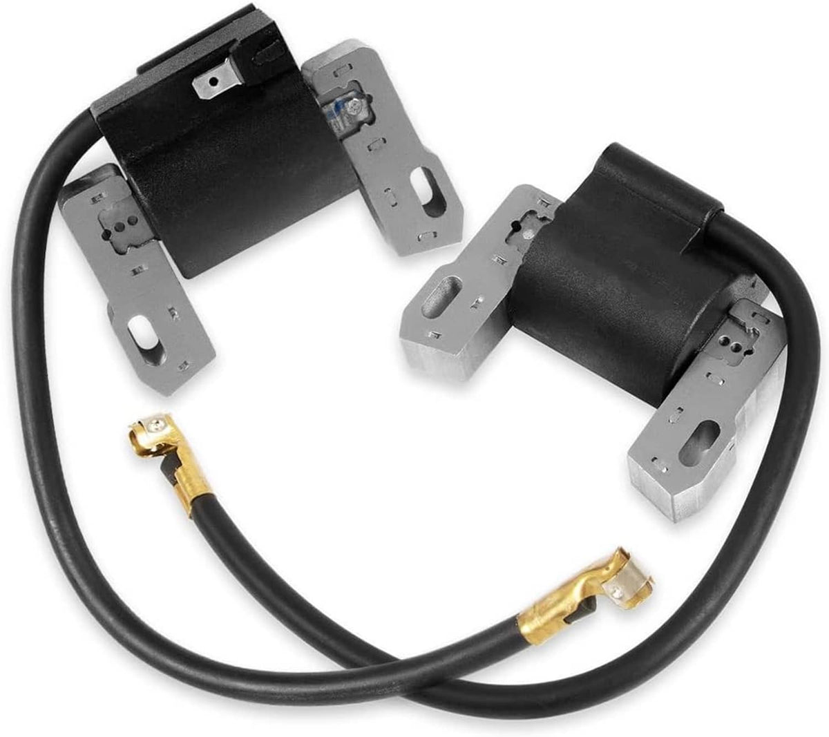 Ignition coil set with black modules, silver brackets, and brass-tipped wires
