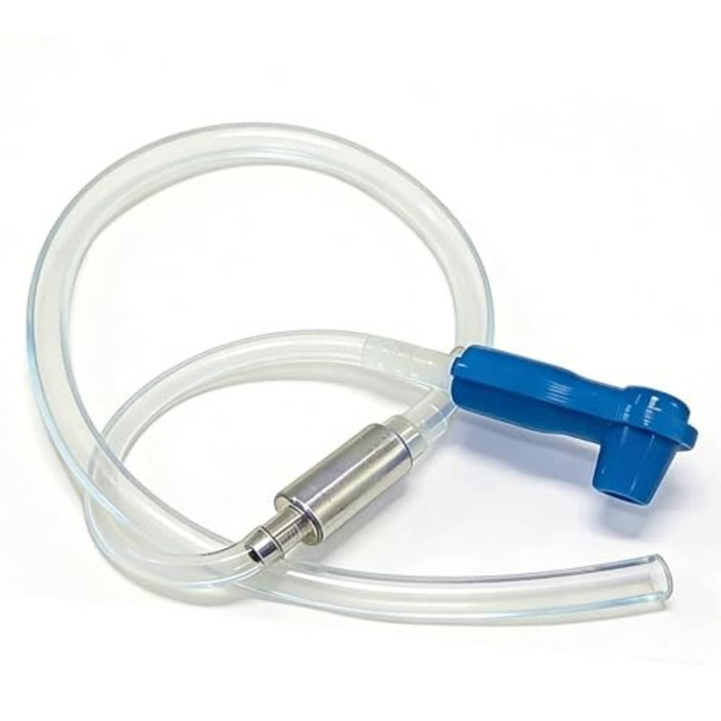 Universal brake bleeder kit with coiled clear hose, blue clip, metal check valve