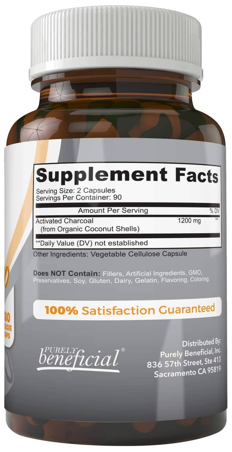Activated coconut charcoal dietary supplement bottle with Supplement Facts panel