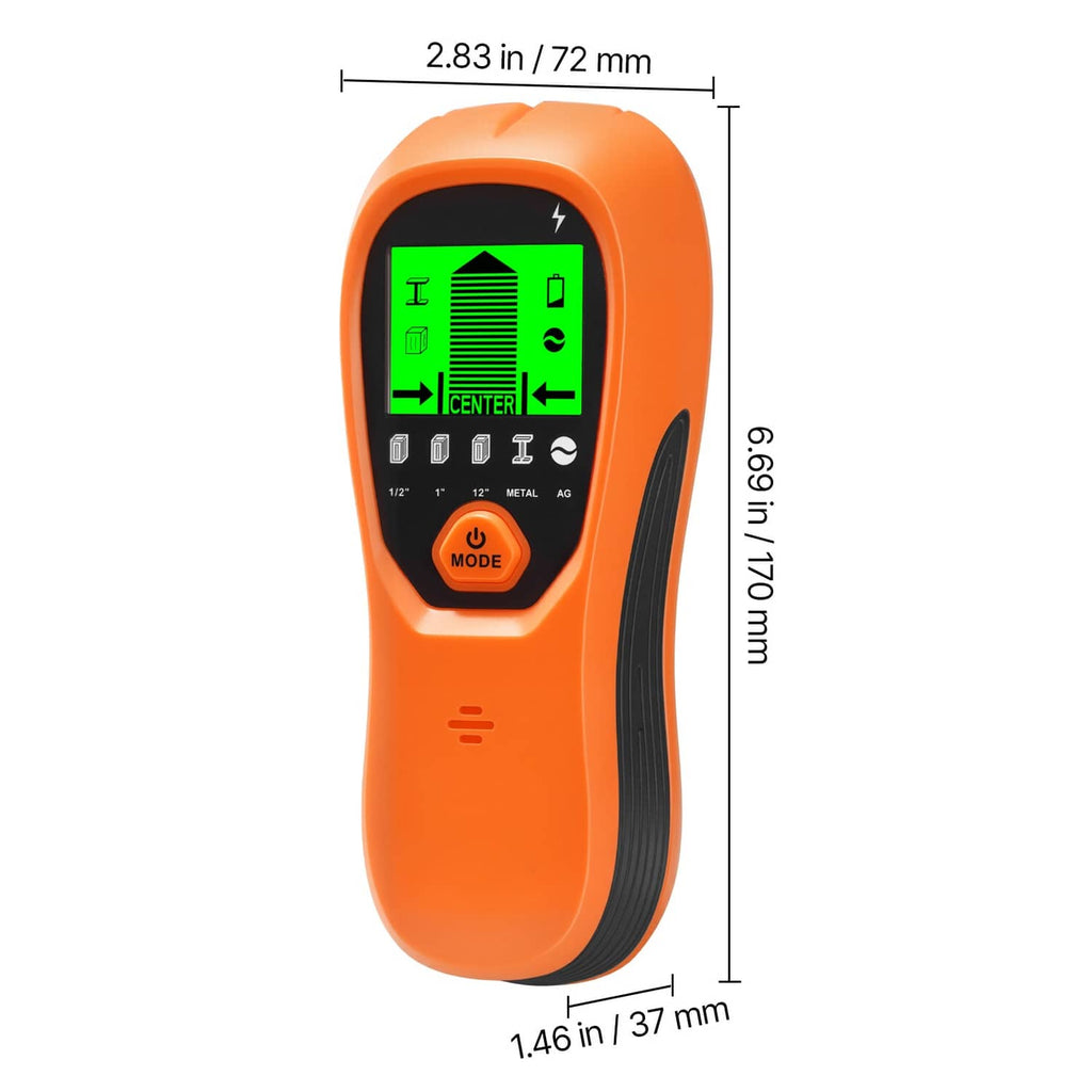 Orange wall scanner front view with green LCD and size measurement marks