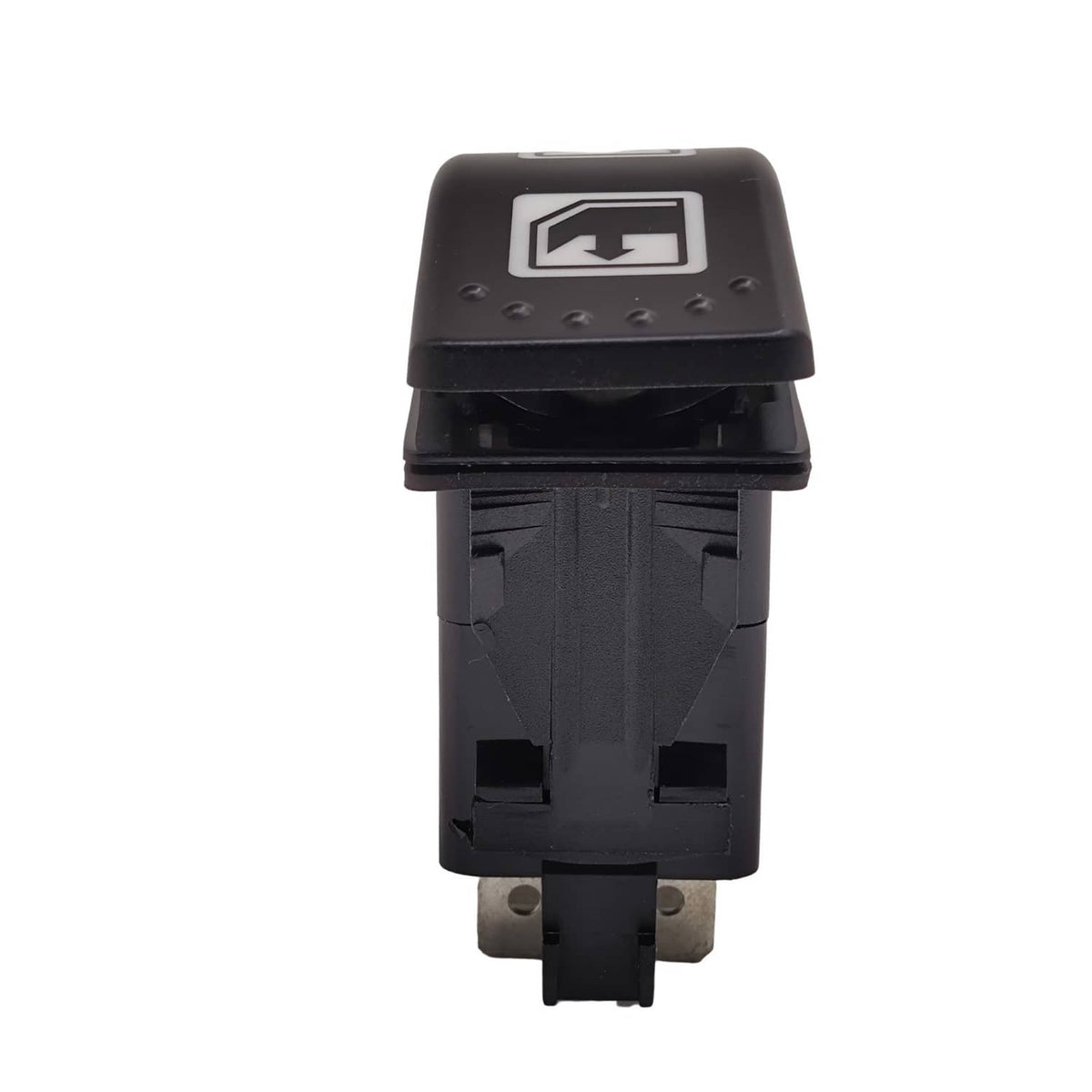 Black power window lift switch rear view with up/down icon label