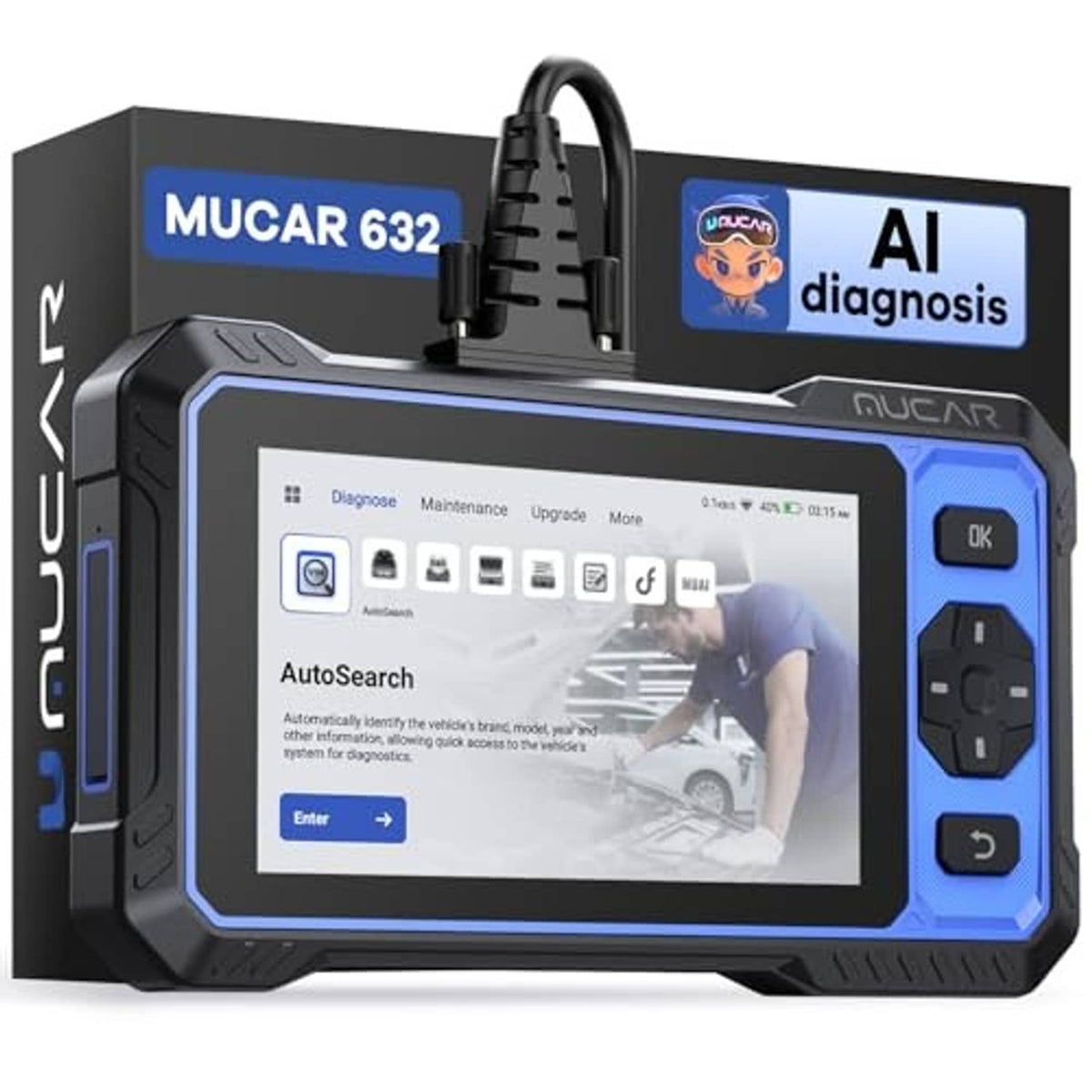 MUCAR 632 OBD2 scanner front view with AI diagnosis screen on blue display