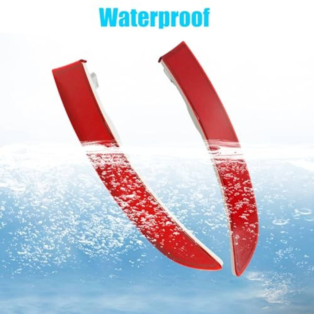 Red rear bumper reflector lenses with waterproof use graphic and water droplets.
