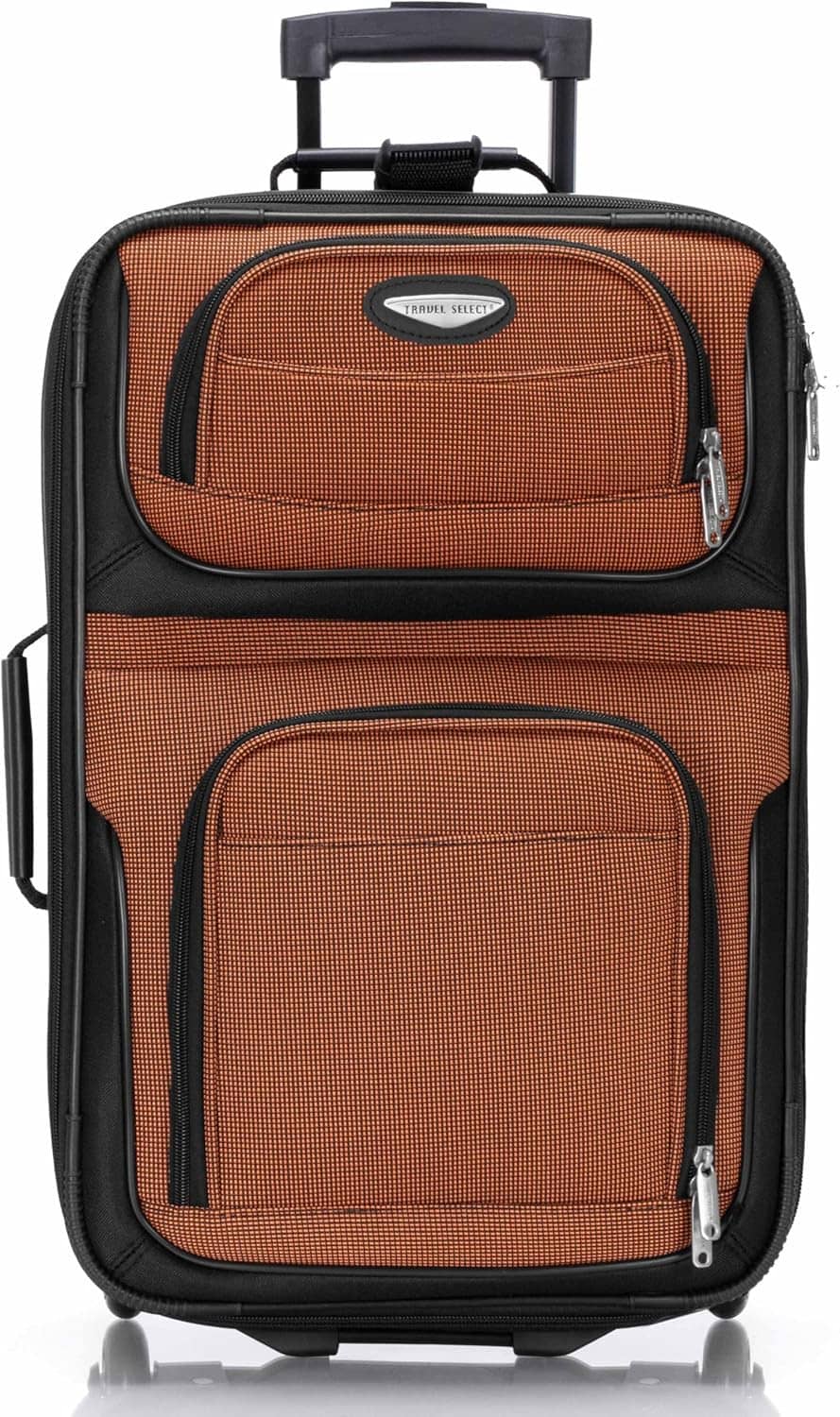Orange and black softside expandable carry-on luggage back view with telescoping handle