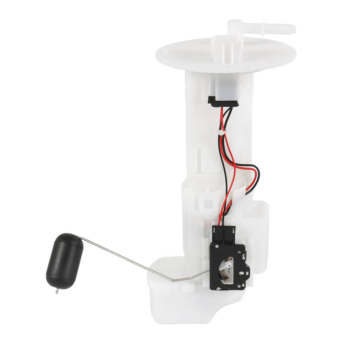 White fuel pump module with black float sensor and exposed red/black wire harness