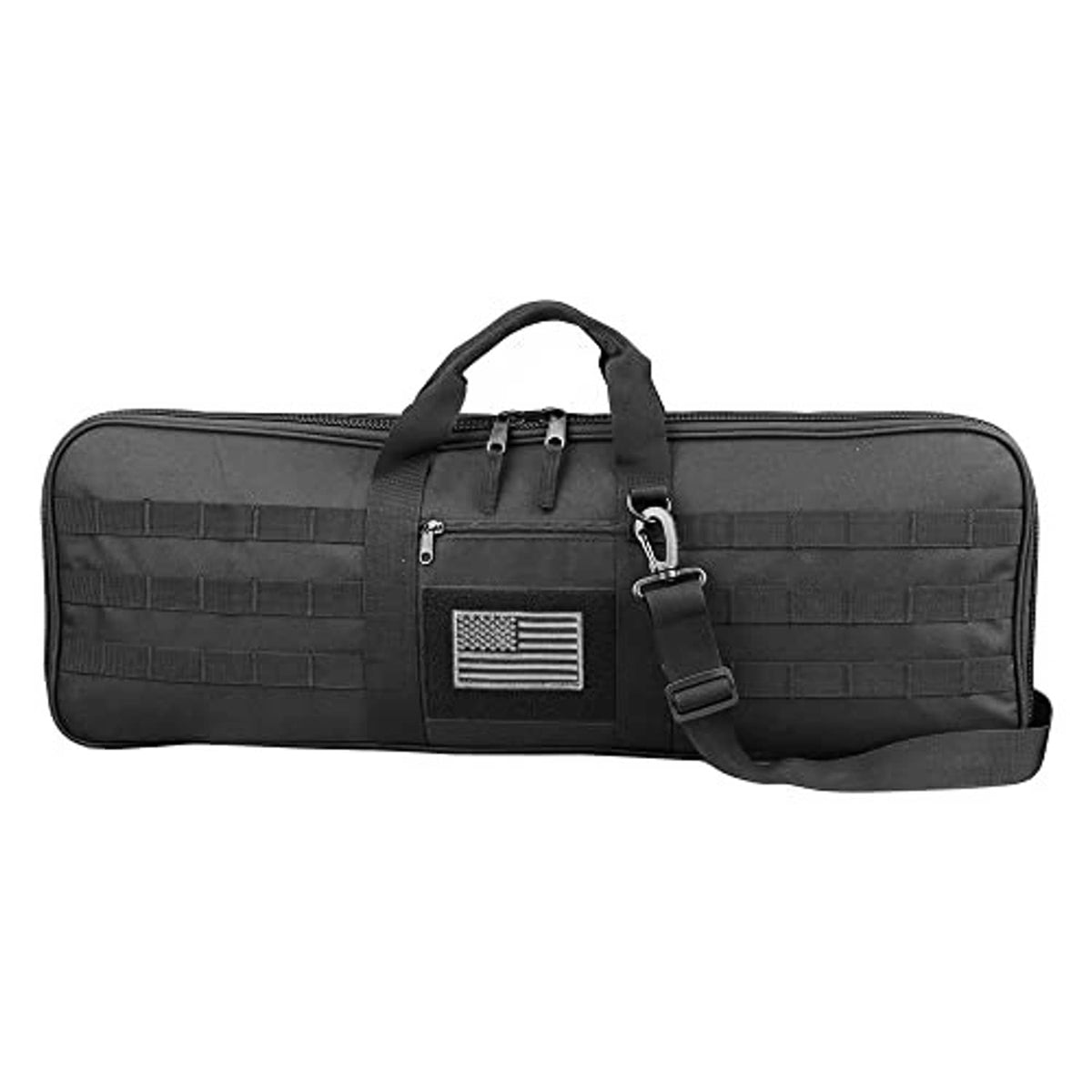 Black soft archery bow case with top handle, front zipper, and USA flag patch