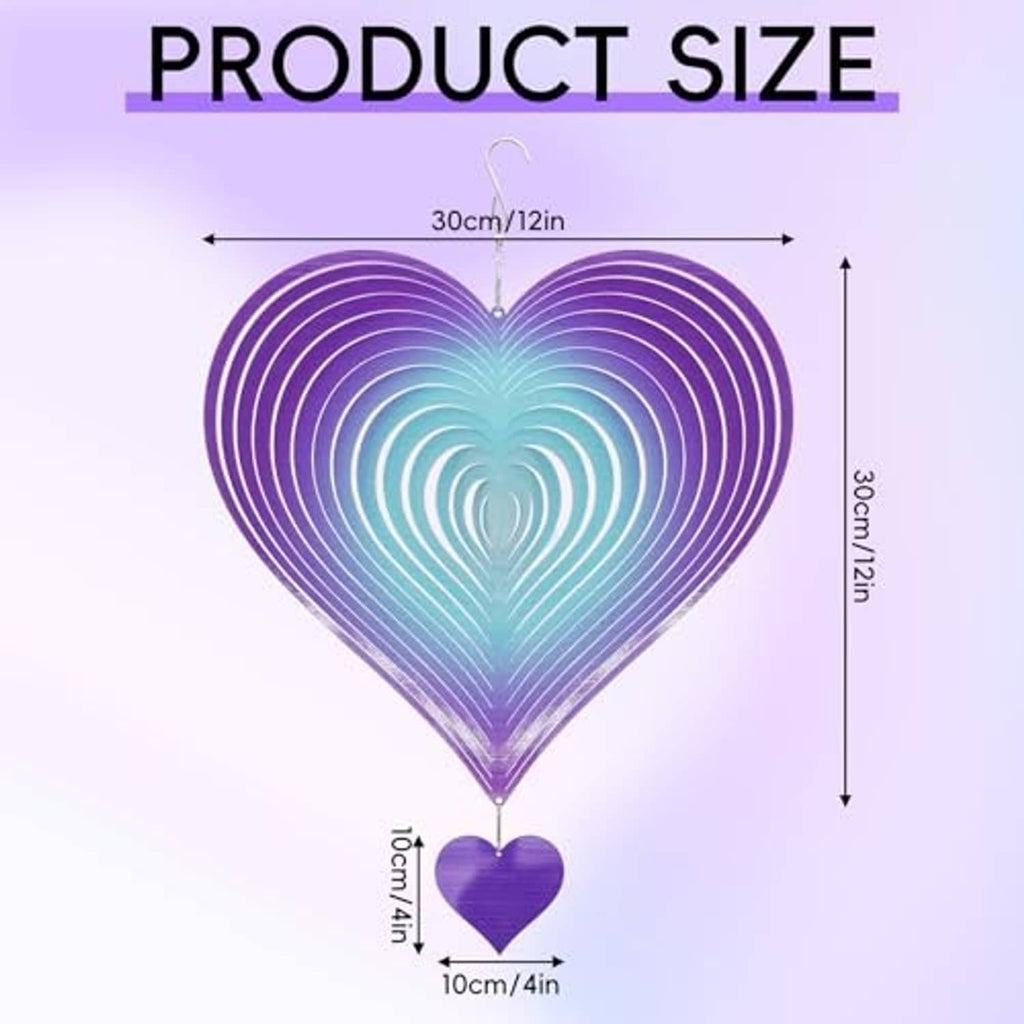 Heart wind spinner with purple-blue gradient rings, hanging hook, small heart charm (size diagram).