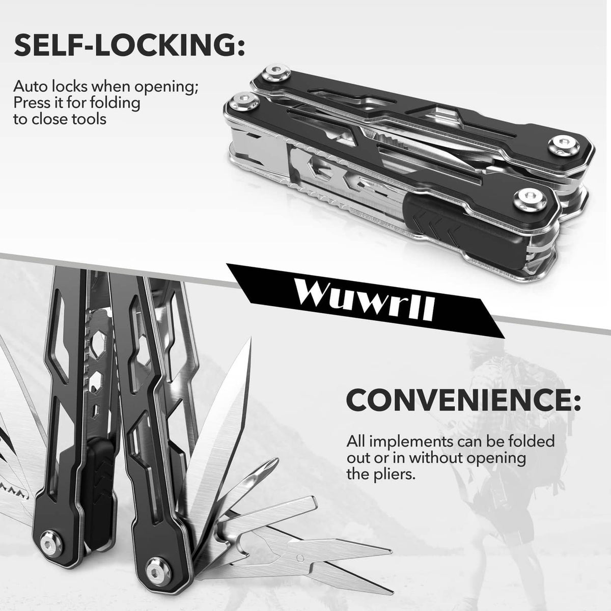 Black stainless folding multitool with multiple tools and safety locking mechanism