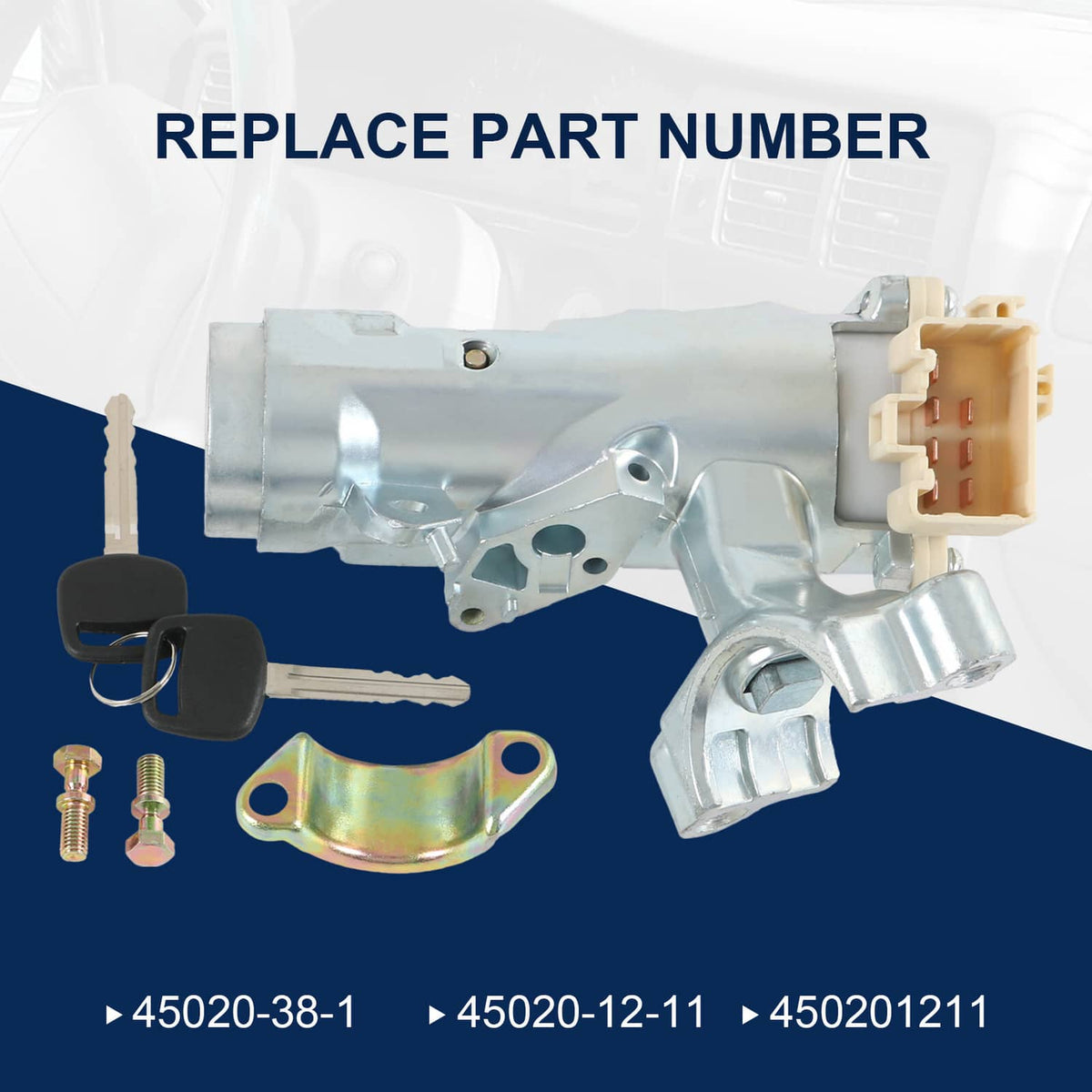 Ignition switch cylinder assembly with two keys and mounting bracket, silver metal