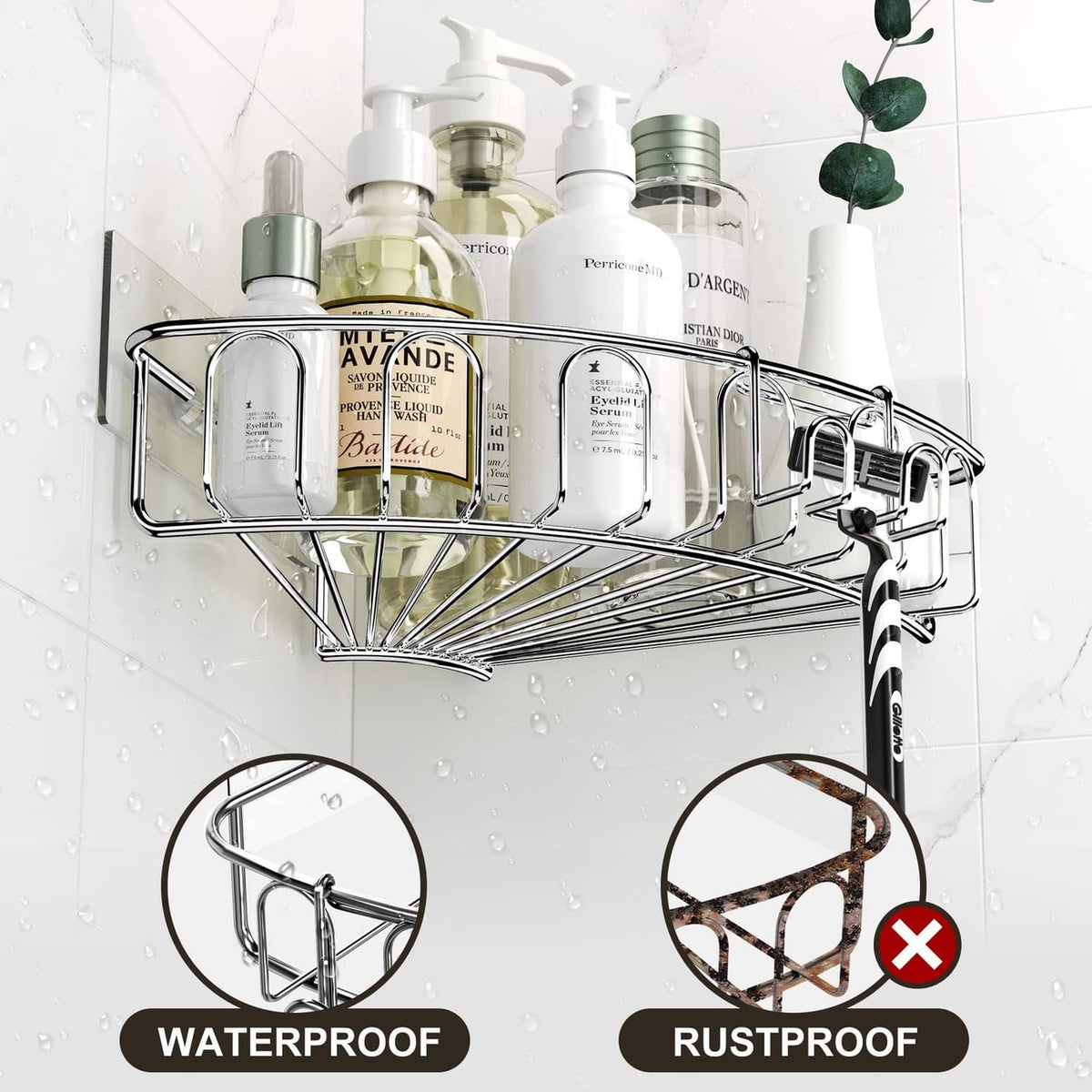 Orimade corner shower caddy with two wire baskets and hanging hook rail, chrome