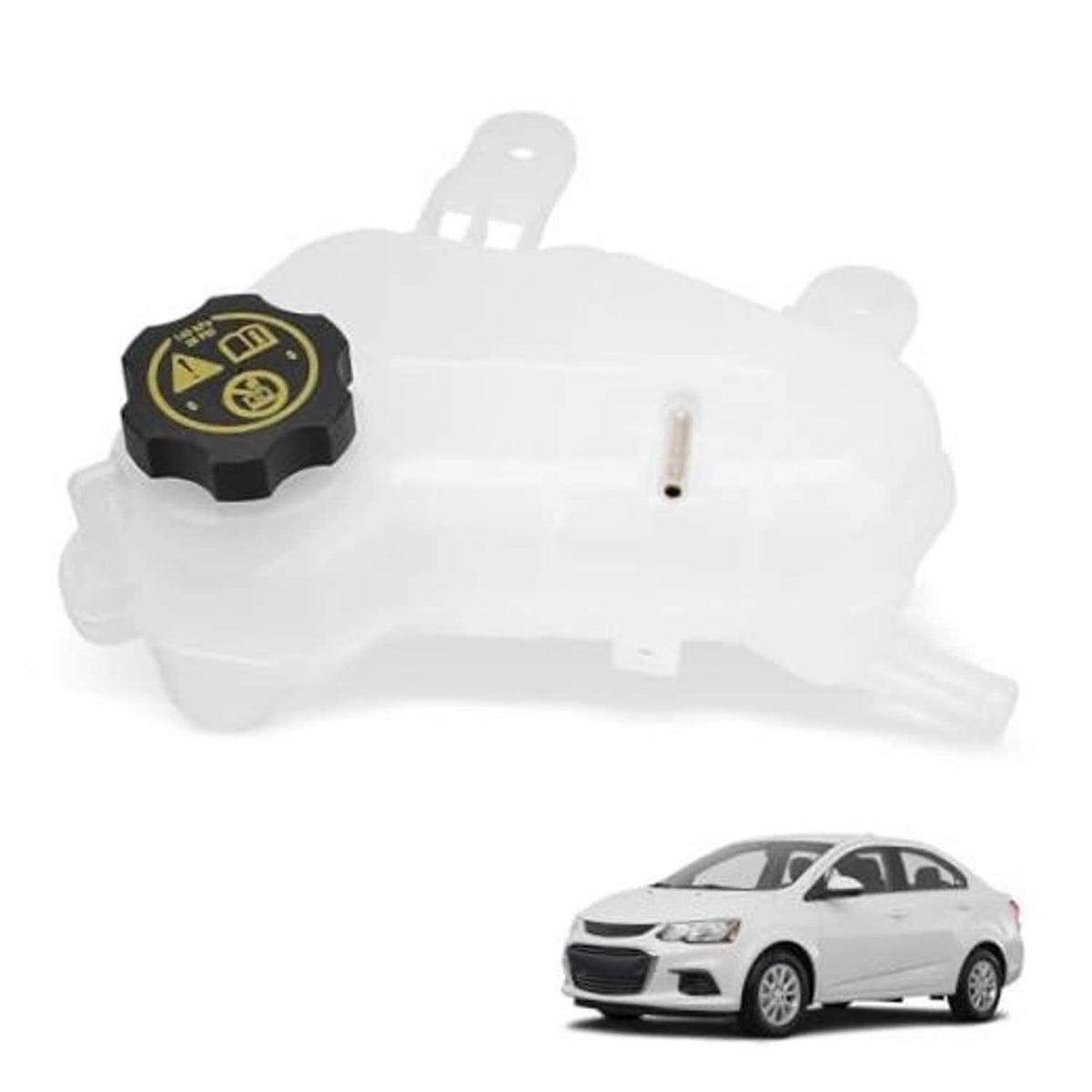 White front coolant reservoir recovery tank with cap, compact molded shape and vent outlet