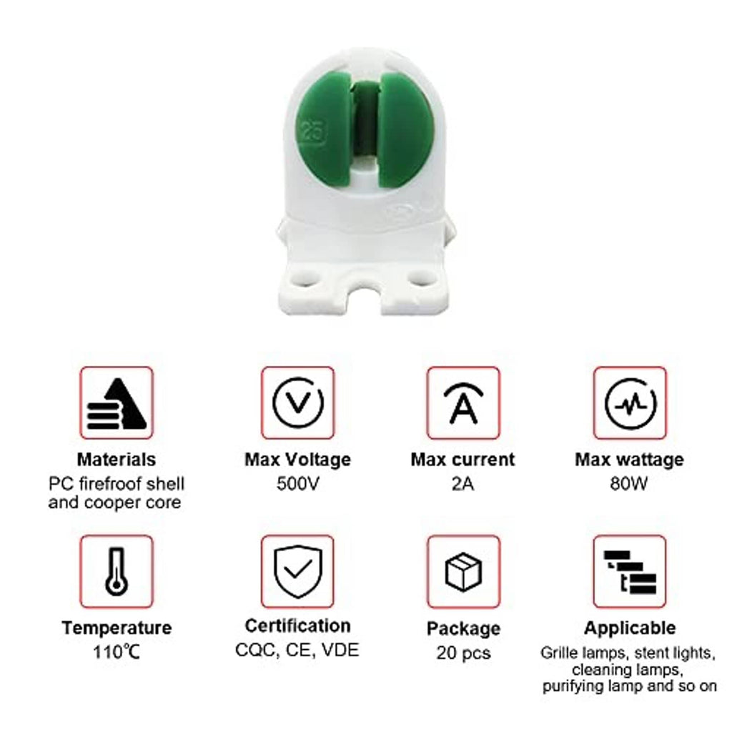 T5 bi-pin lamp holder with green contact inserts and white PC fireproof shell