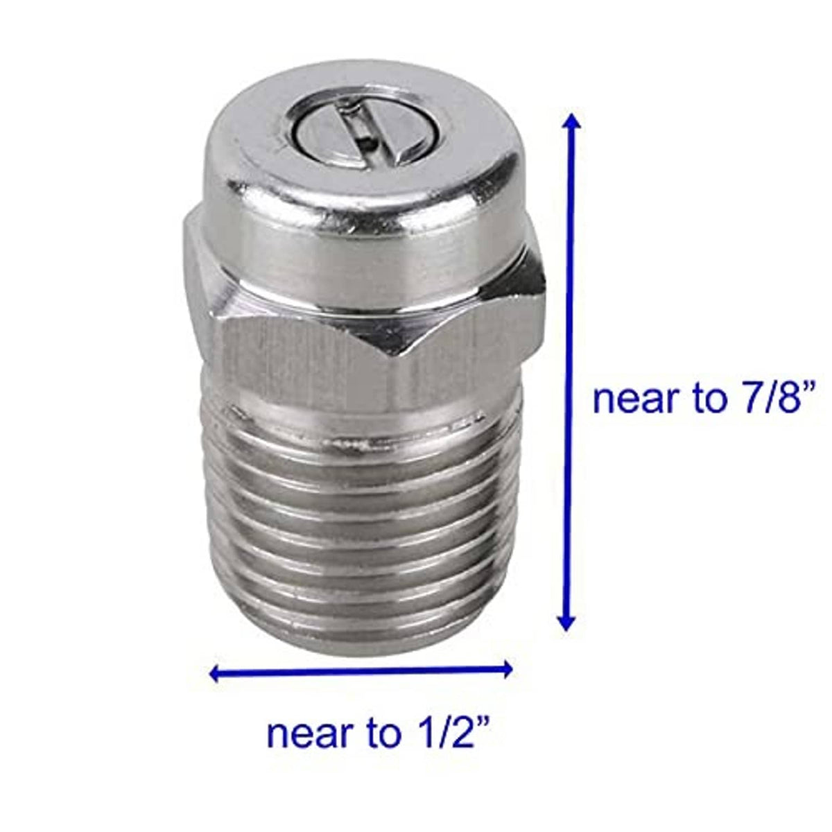 Metal pressure washer nozzle, threaded inlet and spray port, about 1/2 in wide