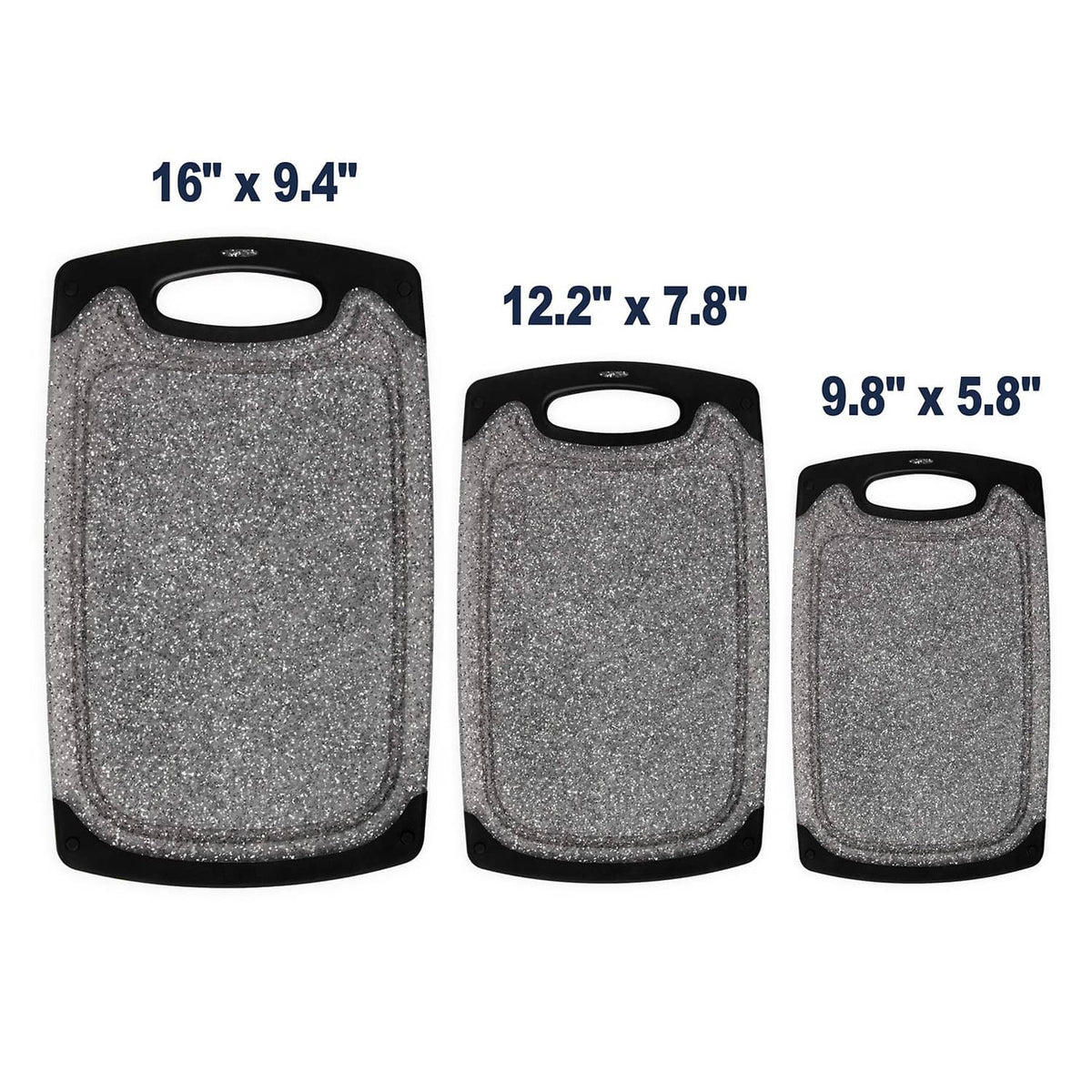 Set of 3 gray speckled cutting boards with black frames, oval handles, and varying sizes