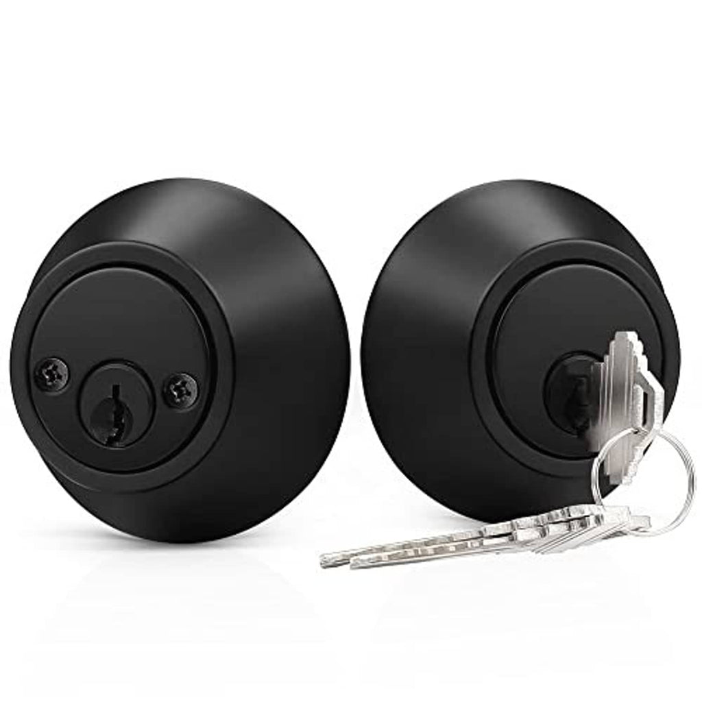 Black double-cylinder deadbolt lock with keyway and three metal keys on a ring