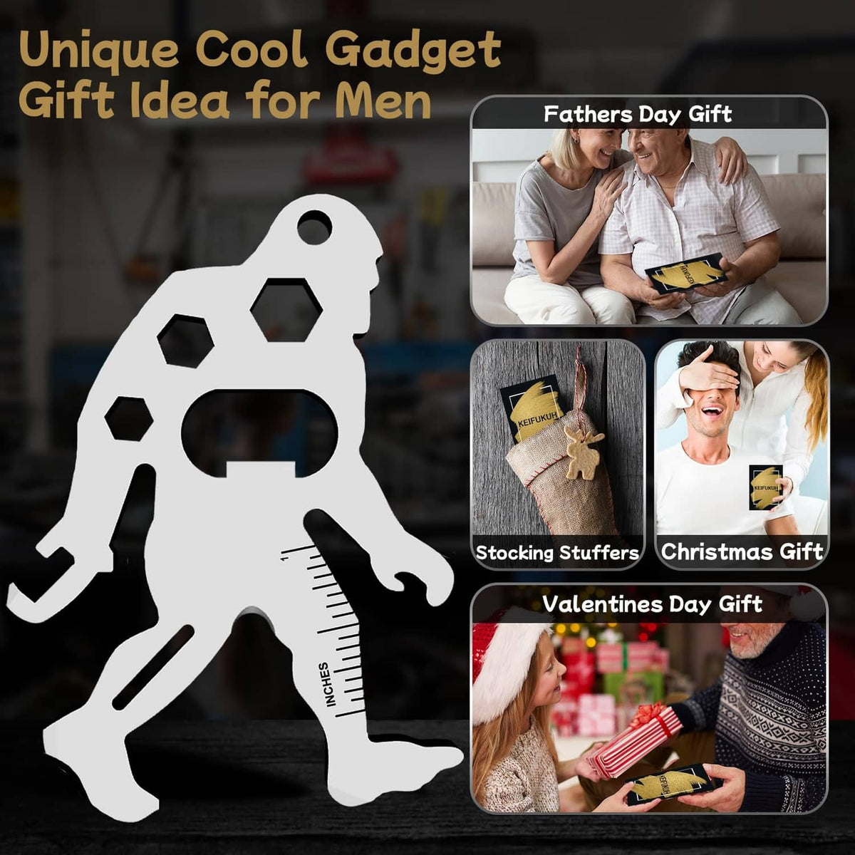 Sasquatch 11-in-1 EDC multitool silhouette with gift icon panels for men