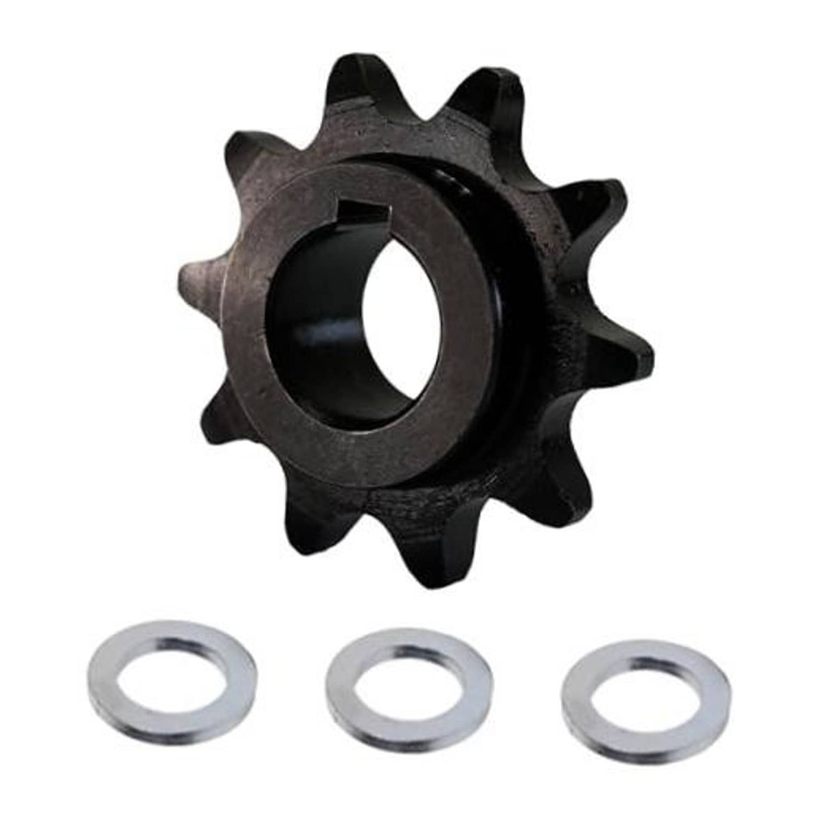 Black 10-tooth sprocket gear with inner bore and three silver spacer washers