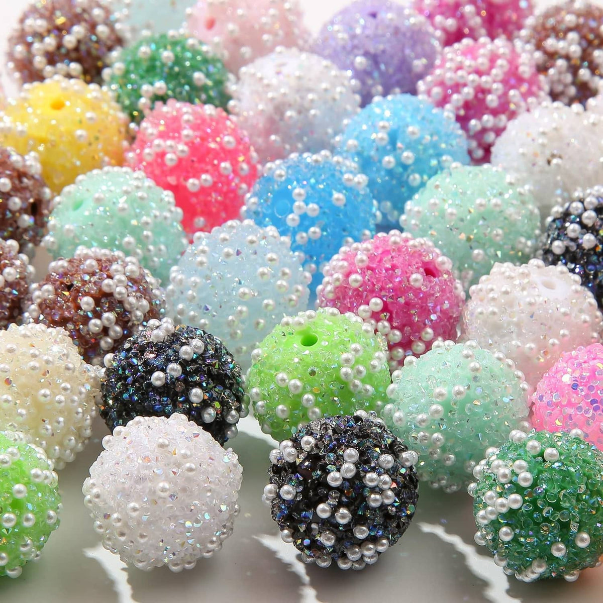 Colorful acrylic rhinestone round beads, glittery 20mm, mixed cluster view