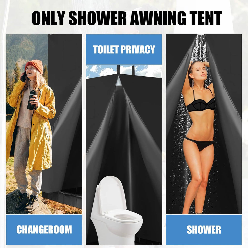 Black shower awning privacy tent for outdoor use with hanging curtain panel