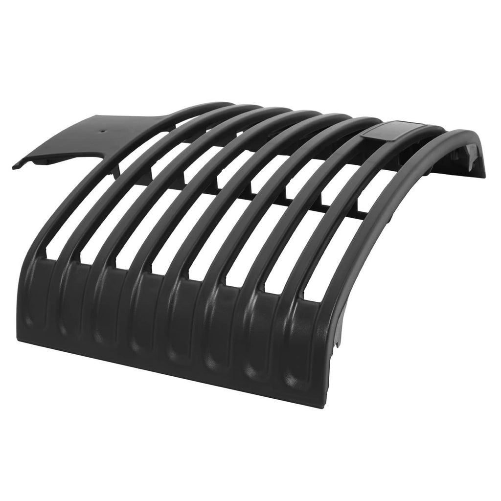 Front grille with arched slat design and side cutouts, dark plastic
