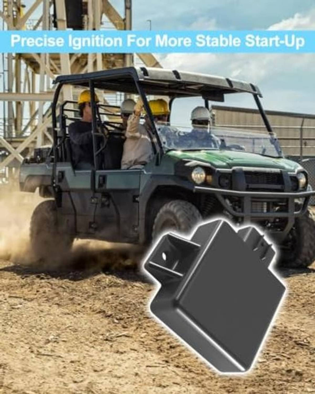 Black CDI ignition module displayed in front of UTV dashboard, rectangular case
