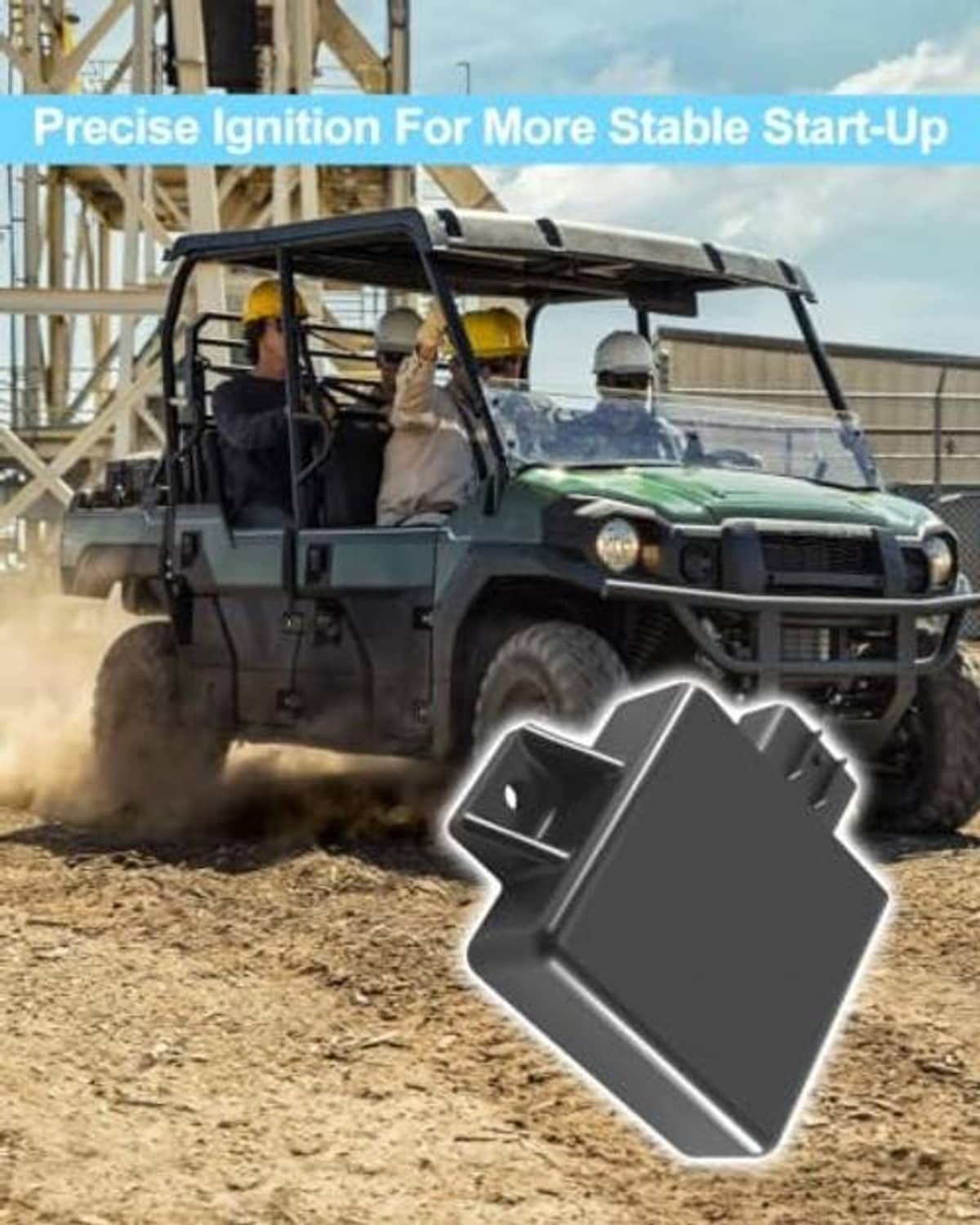 Black CDI ignition module displayed in front of UTV dashboard, rectangular case