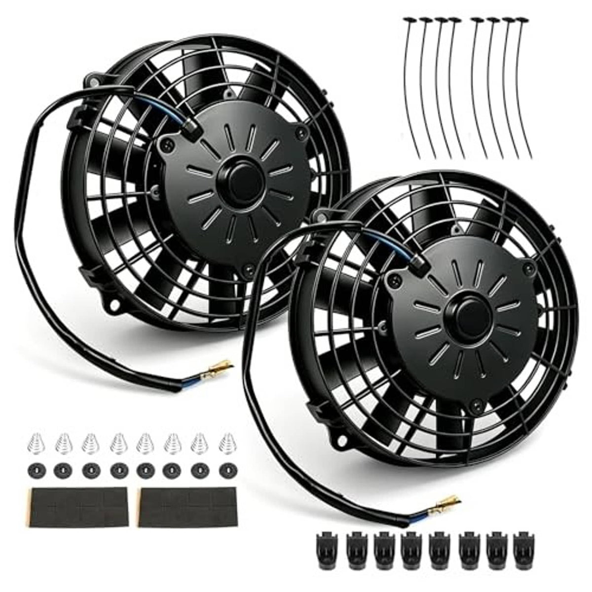 Two black radiator cooling fans with protective grilles and connected wiring