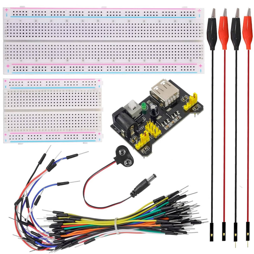 Breadboard power kit with breadboard, power module PCB, and 65 jumper wires