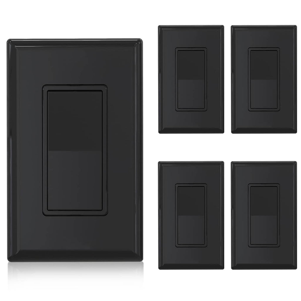 Glossy black single-pole wall switch with screwless plate, sleek rectangular rocker