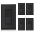 Glossy black single-pole wall switch with screwless plate, sleek rectangular rocker