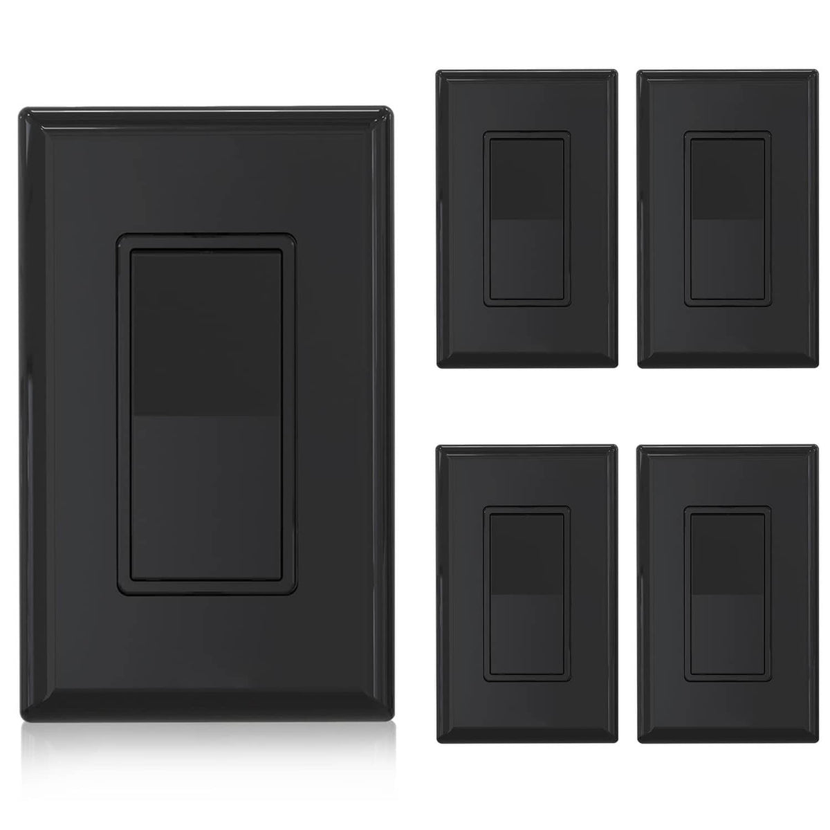 Glossy black single-pole wall switch with screwless plate, sleek rectangular rocker