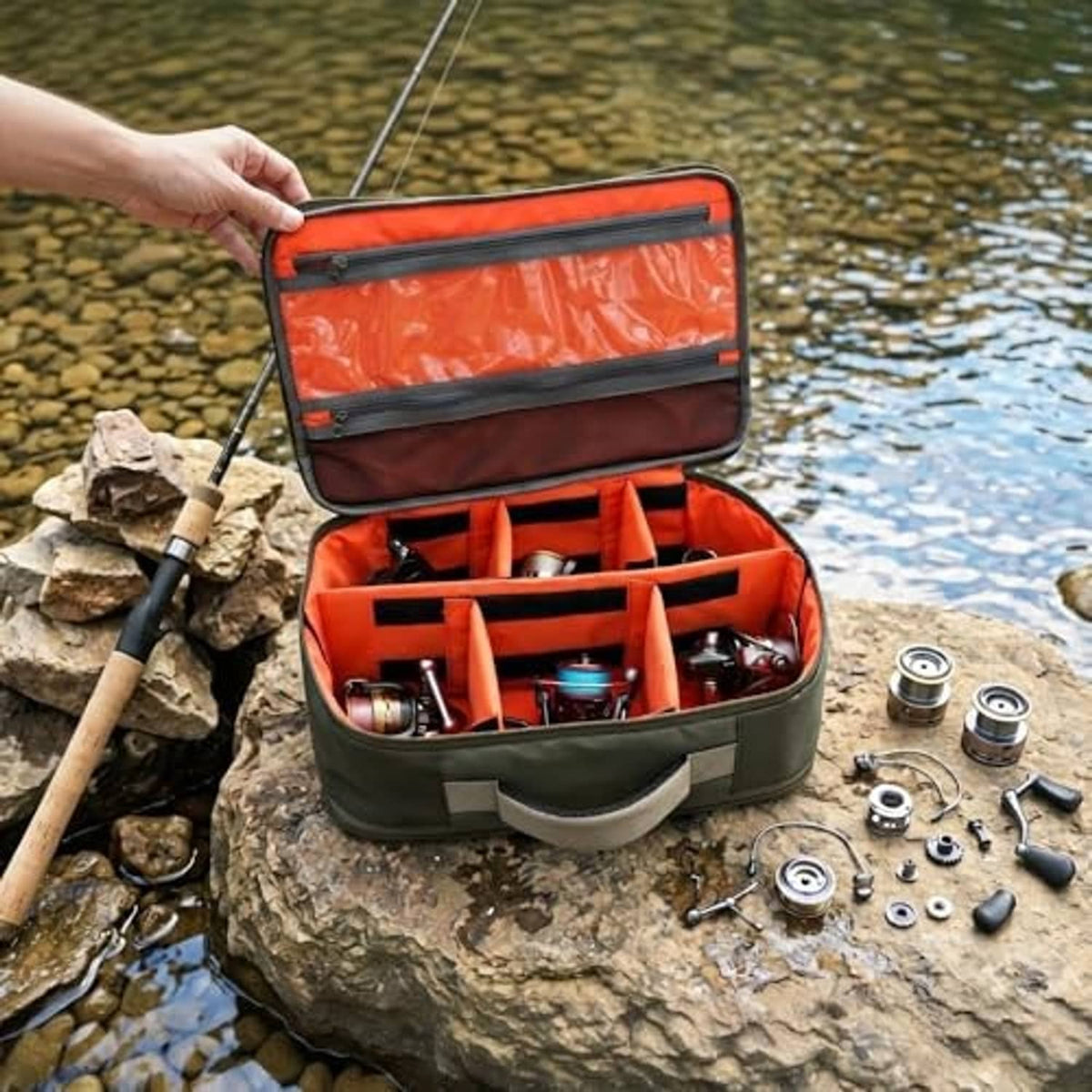 Orange and dark gray fishing reel travel case open with multiple padded divider compartments