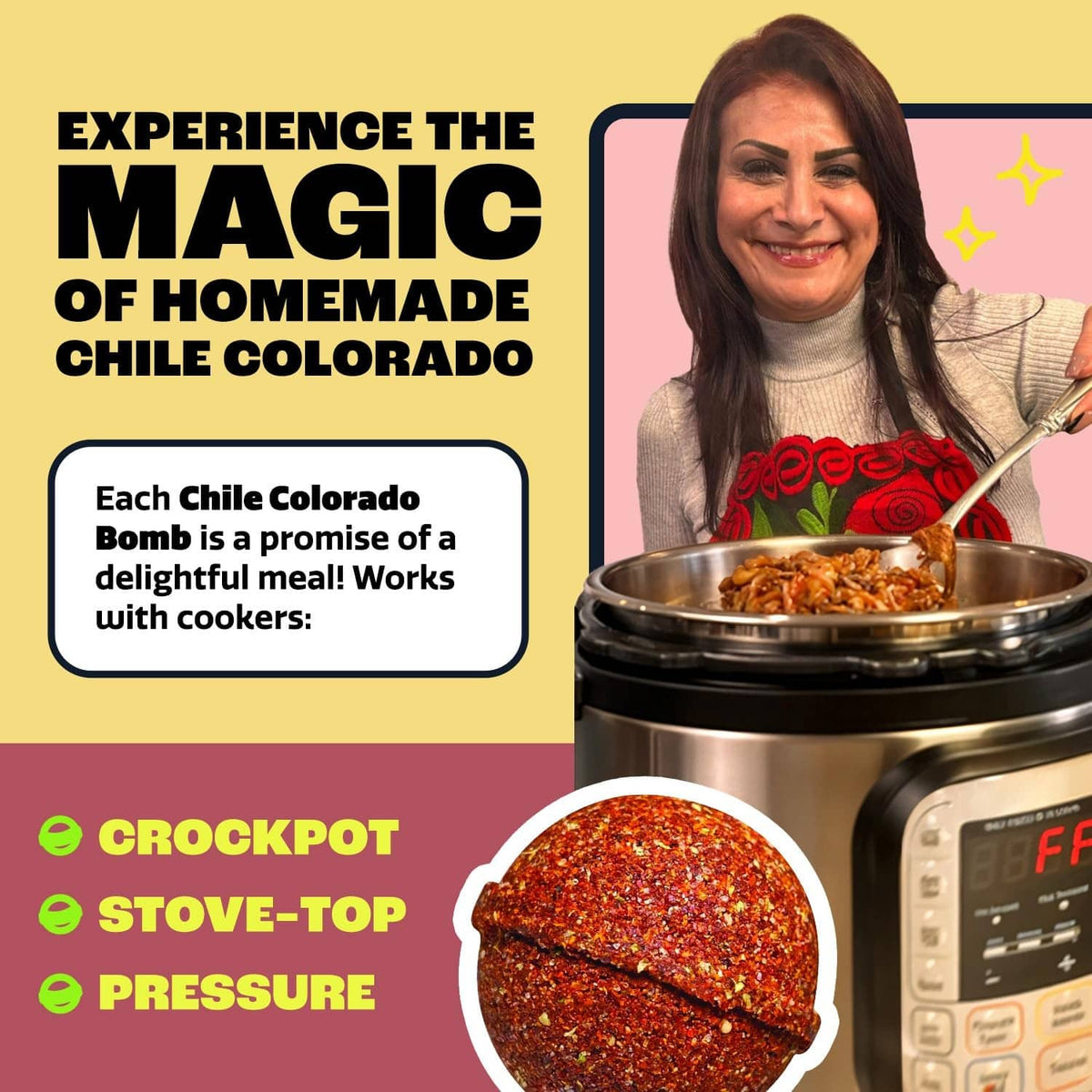 Chile Colorado Bomb seasoning mix packet with spice blend and kitchen appliance usage icons