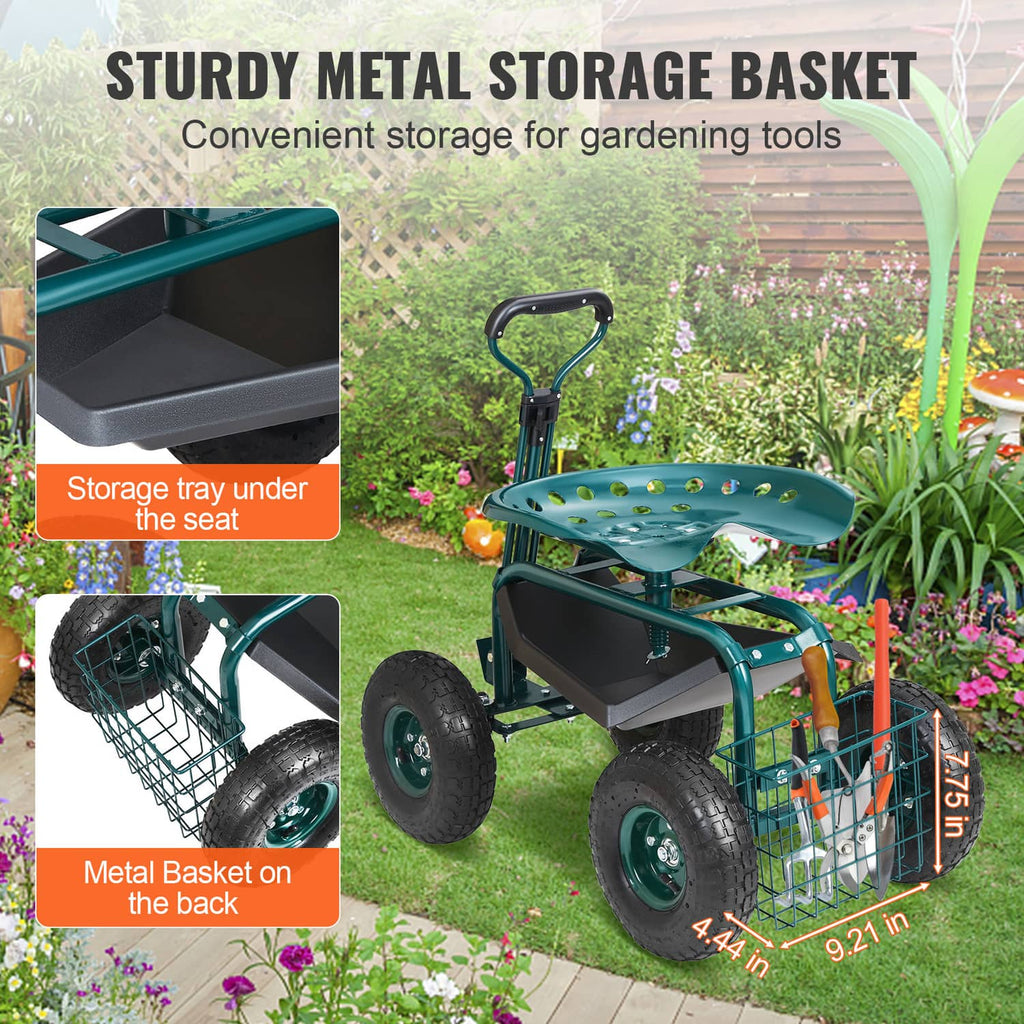 Green rolling cart with metal storage basket and seat-mounted storage tray