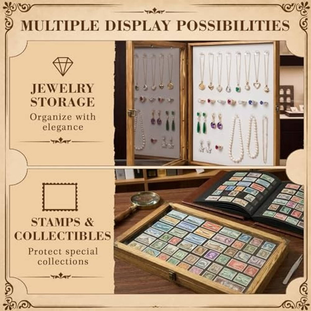 Wood display cabinet with clear fronts showing hanging jewelry and small collection items