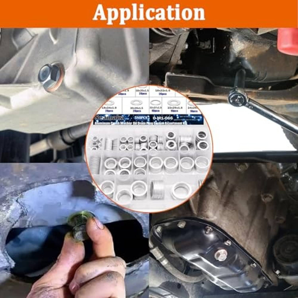Oil drain plug gasket washer set arranged over an engine work area