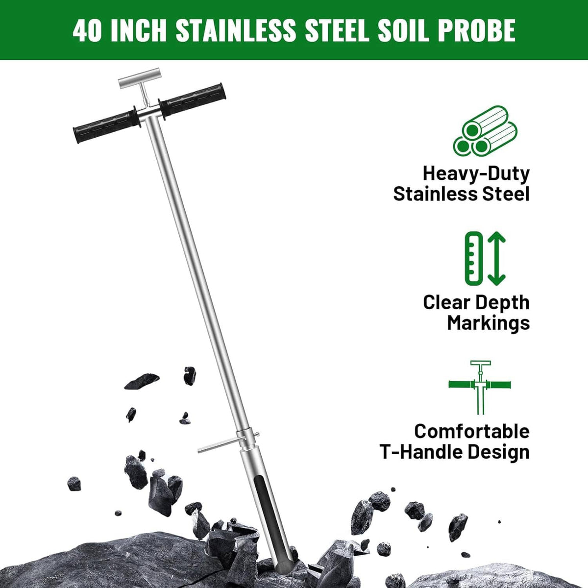 40-inch stainless steel soil probe with T-handle and clear depth markings