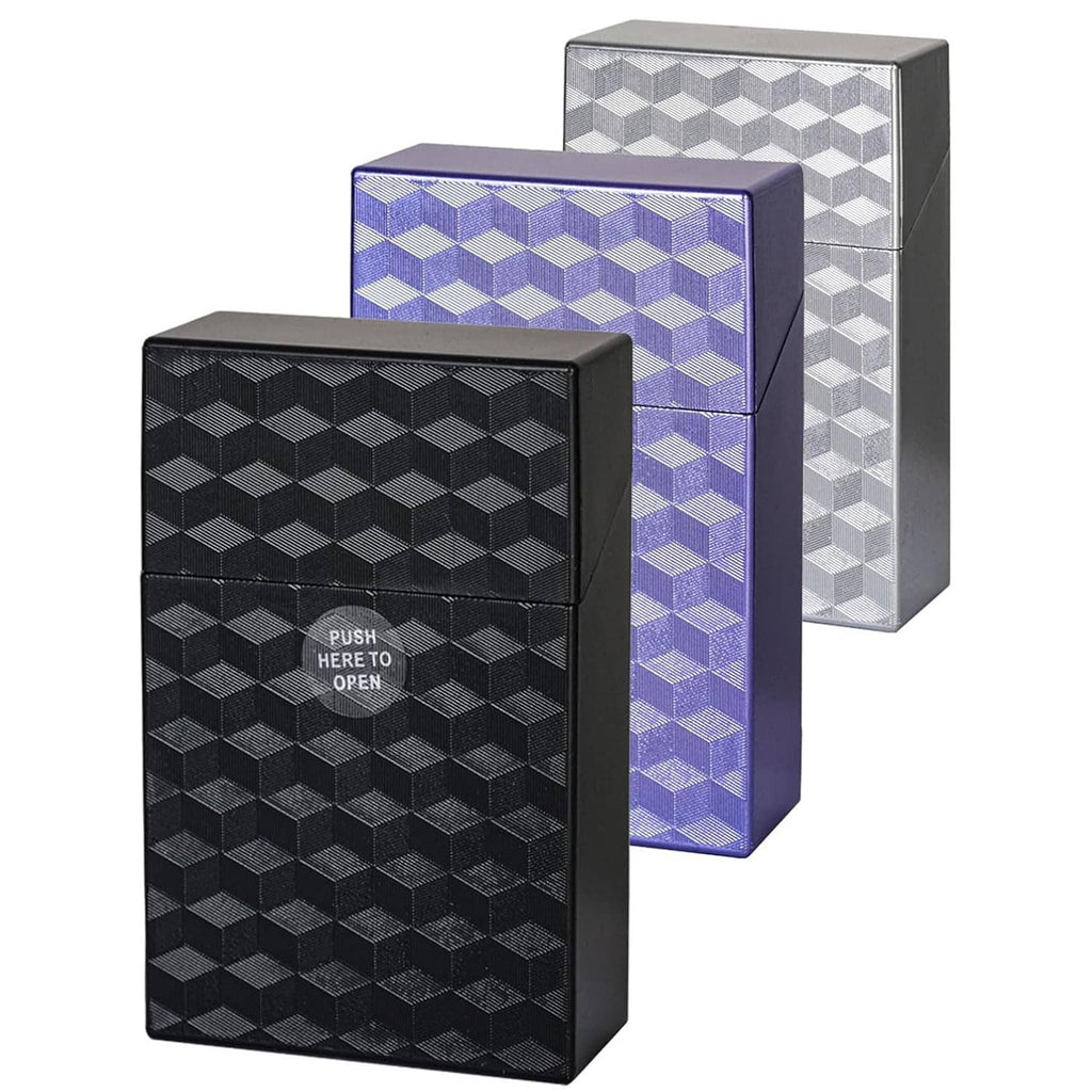 3-pack king-size cigarette cases, push-to-open; black, purple, silver geometric pattern
