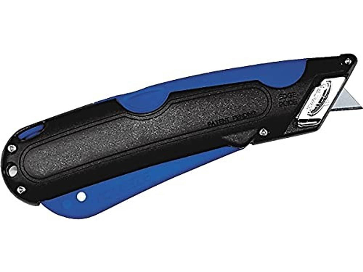 Retractable box cutter knife with blade shield, dark handle and blue grip.