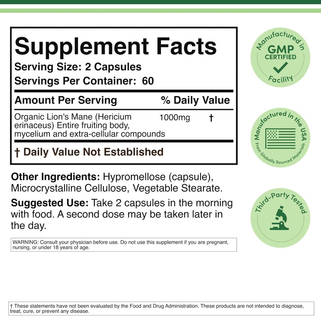 Supplement Facts label for Lion's Mane mushroom capsules, serving size 2 capsules